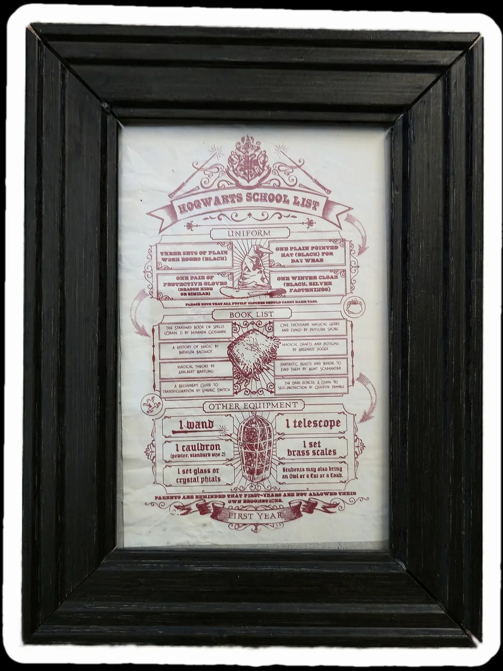 Framed Hogwartz School Supply List Black Wood Picture Frame